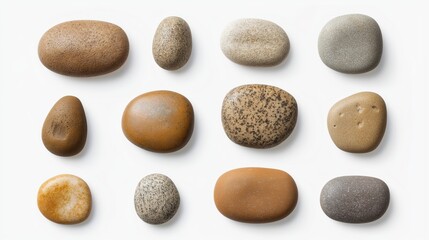Assorted Smooth River Stones in Natural Earth Tones on White Background – Collection of Polished Pebbles for Decoration or Zen Design