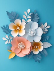 Paper cut flowers on pastel blue background with copy space