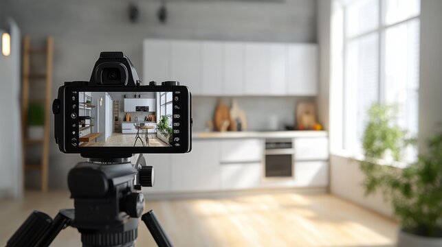 Camera viewfinder showing an interior photography shot of a modern kitchen, highlighting the process of professional real estate and home staging photography