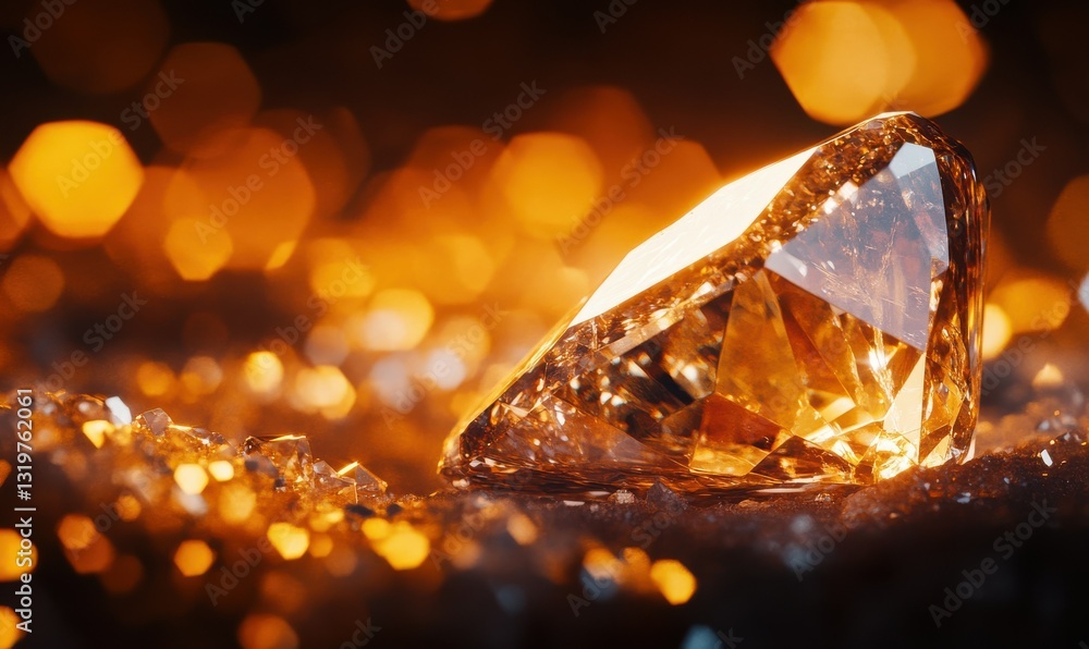 Poster macro shot of a single sparkling crystal illuminated by warm ambient light creating a luxurious and 