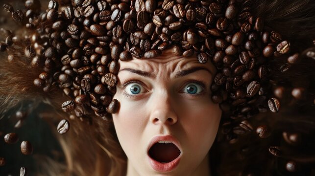 Stunned woman with many coffee beans around her sticks head has stunned expression prepares cosmetic product or refreshing aromatic beverage. Roasted caffeine seeds. Female face drowned in seeds