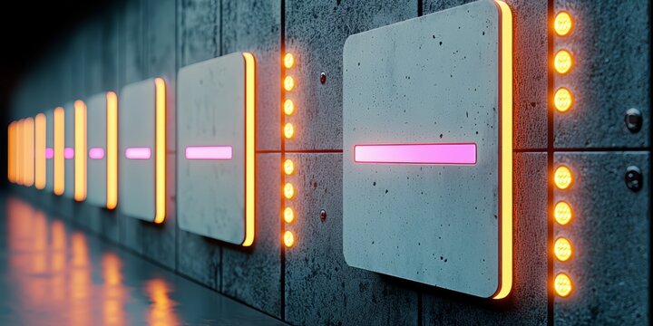 Row of white and orange squares with a pink line in the middle. The squares are lit up and the pink line is glowing