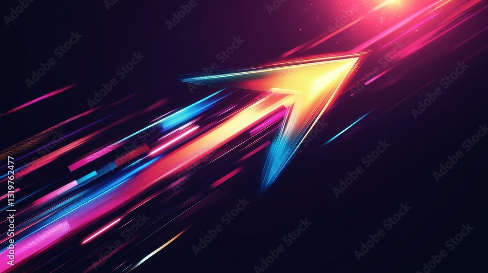 Poster a sleek arrow pointing up created by glowing beams in multiple vibrant colors giving a fast and ener