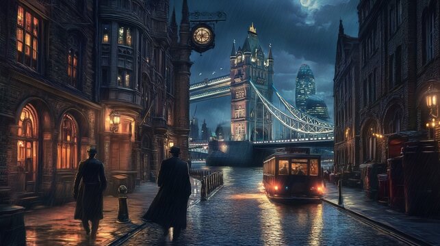 London at night with urban architectures and Tower Bridge