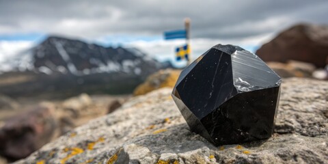 Black crystal positioned on a rocky surface with mountainous landscape and cloudy sky in background