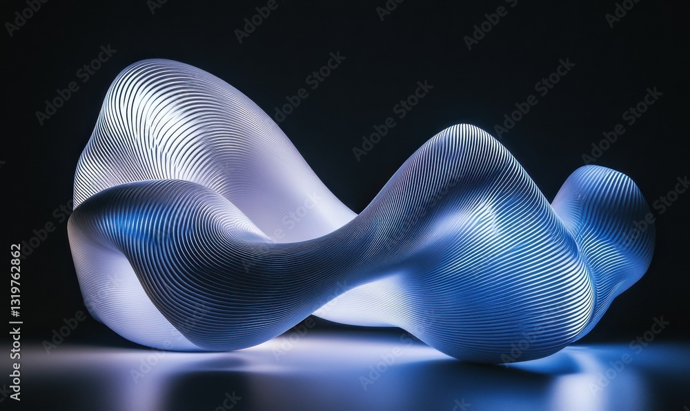 Poster soft flowing blue and white abstract wave patterns illuminated by gradient light, forming a smooth a