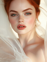 Elegant red-haired woman in soft white veil