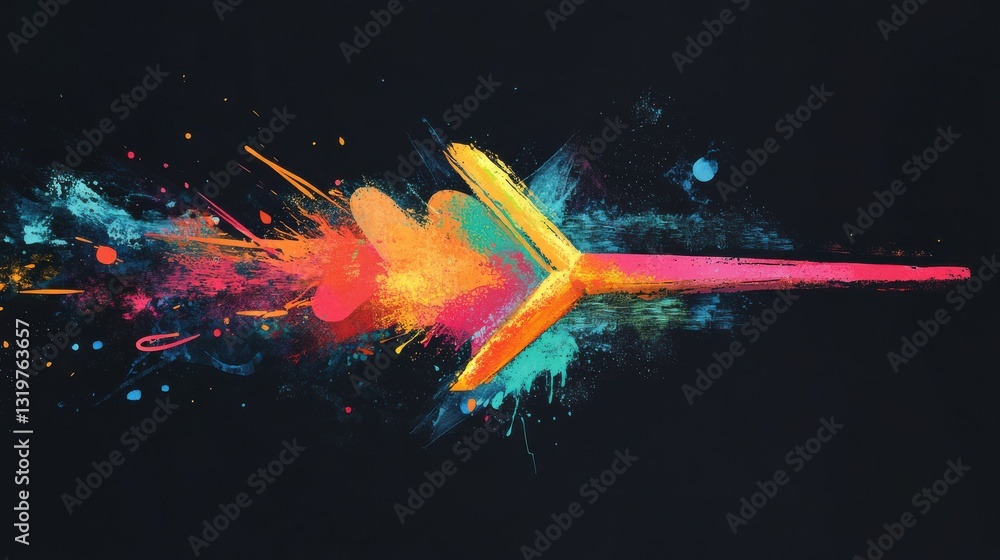 Poster a vibrant, dynamic arrow design with splashes of color, symbolizing movement and progress against a 