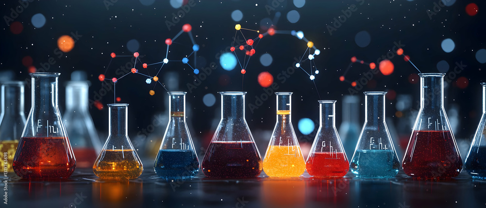 Poster vibrant array of erlenmeyer flasks filled with colorful liquids in a dark laboratory setting illumin