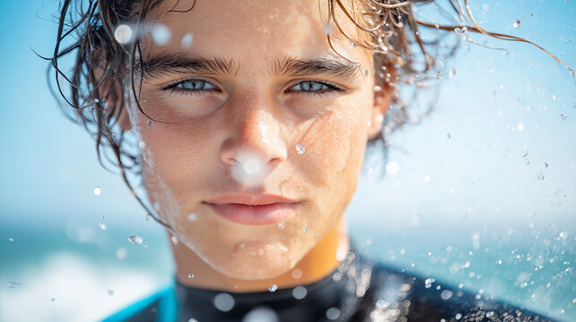Determined surfer in wetsuit with droplets against blurred water backdrop