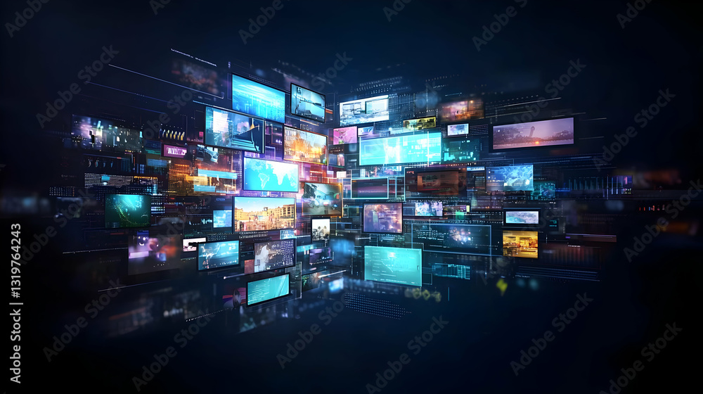 Poster array of digital screens displaying varied content against a dark backdrop showcasing a futuristic n