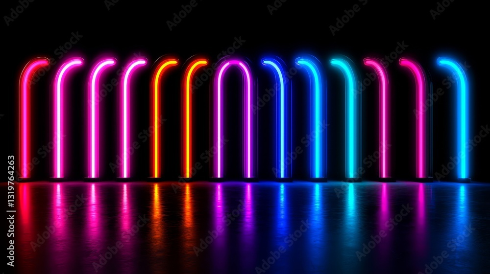 Aufkleber series of neon lights are lit up in a dark room. the lights are in a rainbow of colors, creating a v