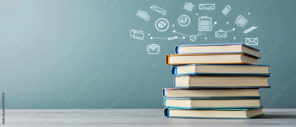 Poster stack of hardback books with glowing digital icons on teal backdrop and gray table