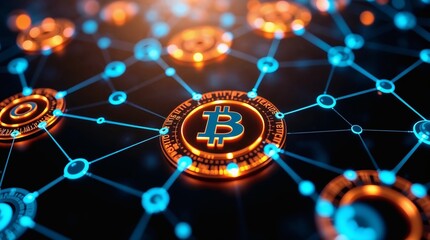 Futuristic Bitcoin blockchain network with glowing digital nodes and decentralized cryptocurrency system