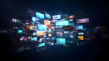 Array Of Digital Screens Displaying Varied Content Against A Dark Backdrop Showcasing A Futuristic Network