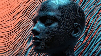 Creative black human head on wavy background with binary code. Future, robotics and artificial intelligence background. 3D Rendering
