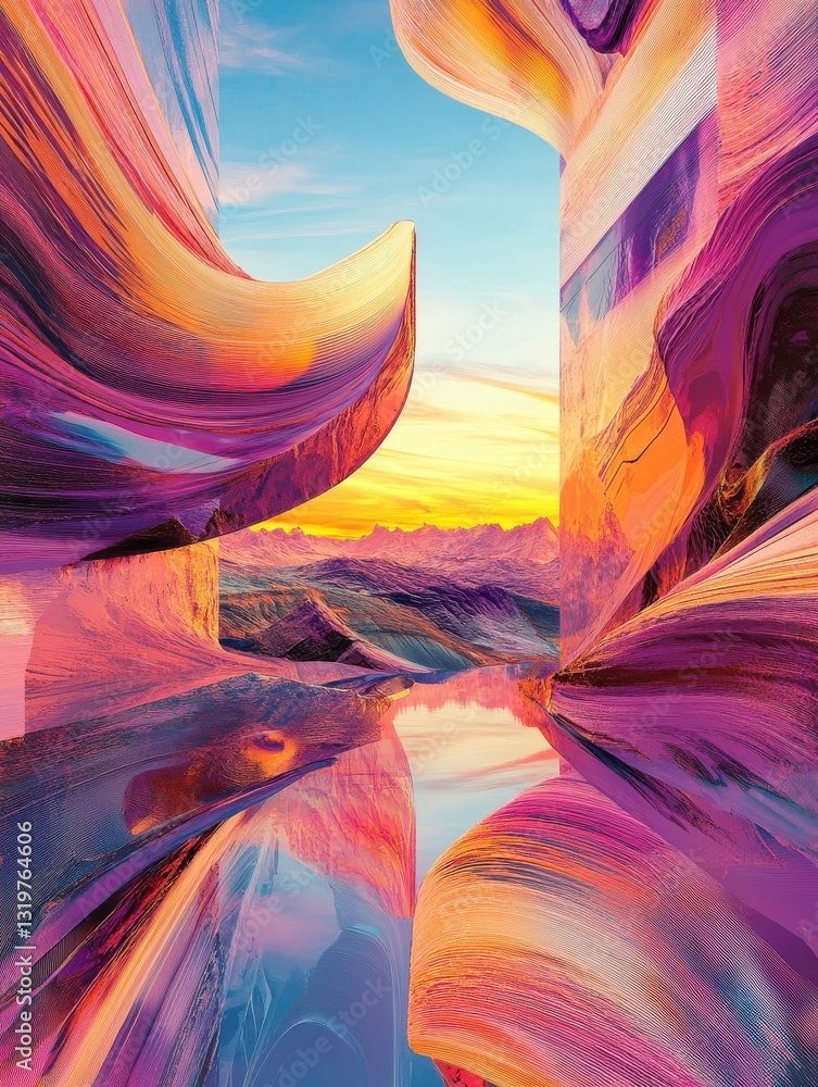 Poster a digital landscape of overlapping layers and gradients, creating a sense of depth and intrigue for 