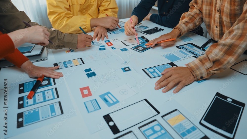 Poster a vibrant design session showing diverse hands engaged in creating user interface prototypes. the ta