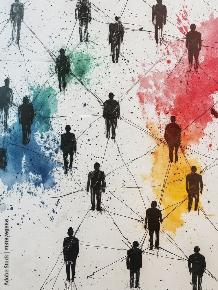 Poster and-drawn network of interconnected people icons in various colors on a splattered ink background
