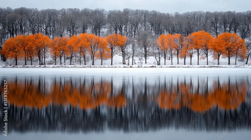 Poster snowy landscape with trees and a lake. the trees are bare and the lake is frozen. the image has a se