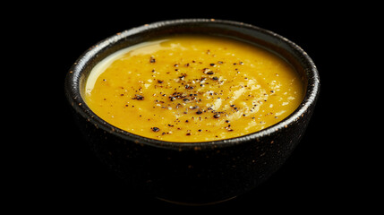 A steaming bowl of pumpkin cream soup is showcased against a sleek black backdrop.
