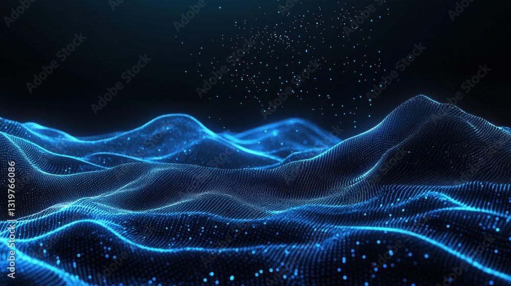 Poster futuristic digital landscape with blue lines and dots creating waves and depth, gradient effect in d