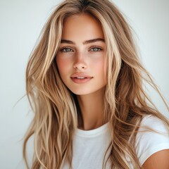 Naklejka premium Young woman with long hair smiling on white background
