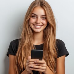 Fototapeta premium Young woman holding smartphone in minimalist space