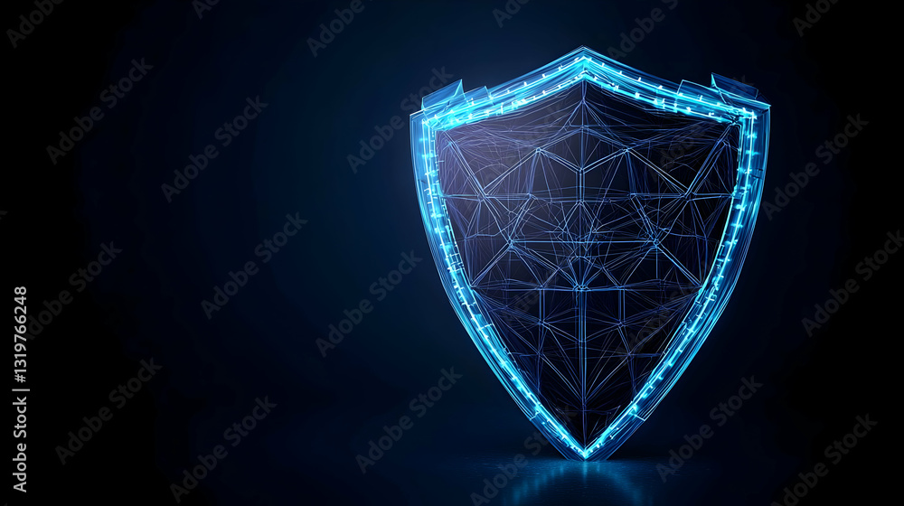 Poster a glowing blue abstract shield consisting of interconnected lines and dots representing security and