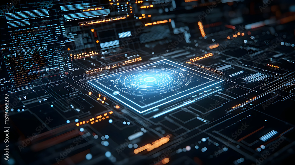 Poster abstract circuit board illuminated with blue light displaying data processing system concept