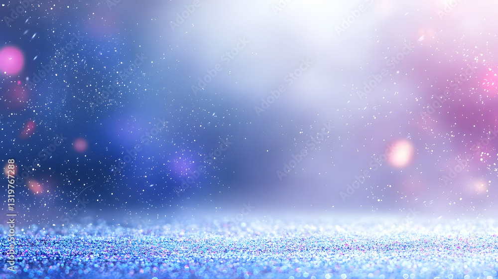 Poster abstract glitter background featuring blue and purple sparkles with soft lighting and bokeh effects 