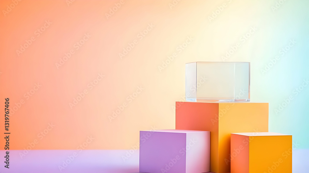 Poster pastel purple orange and green abstract backdrop with geometric blocks and empty glass display stand