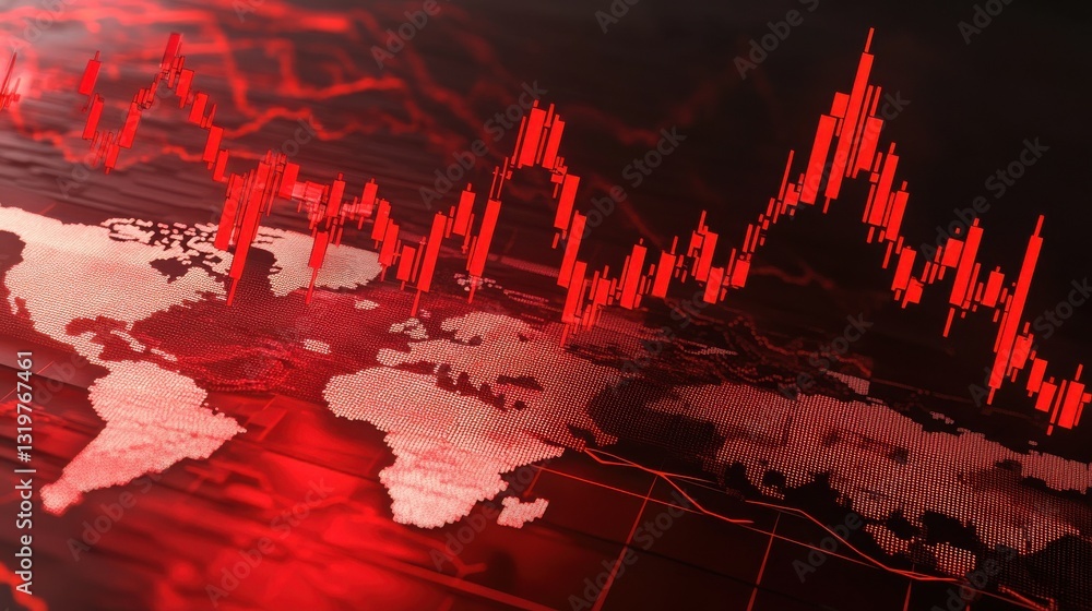 Poster crisis concept with falling down stock market graphs and diagram at world map background. 3d renderi