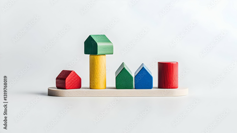 Poster colorful wooden toy houses and structures arranged in a row on a white surface with a minimalist des