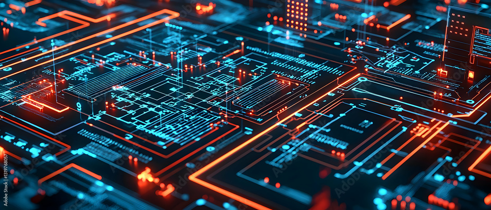 Poster futuristic circuitry with glowing blue and orange lights on a dark background with depth of field