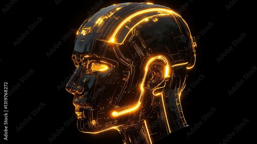 Poster creative glowing circuit head outline. ai and robot concept. 3d rendering.