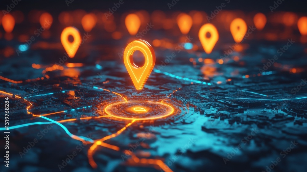 Poster glowing digital geolocation gps interface. geolocation and distributed data concept. 3d rendering