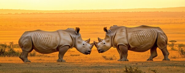 Fototapeta premium Two rhinos standing close together in an expansive savanna landscape