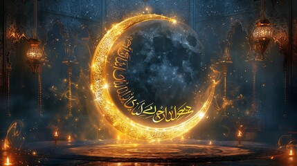 Beautifully illuminated Ramadan greeting card featuring a glowing crescent moon delicate calligraphy and intricate golden Arabic ornaments set against a dark elegant background