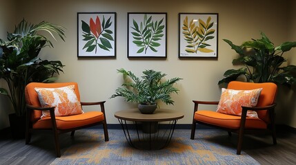 Cozy seating area with greenery lounge home relaxing environment warm ambiance