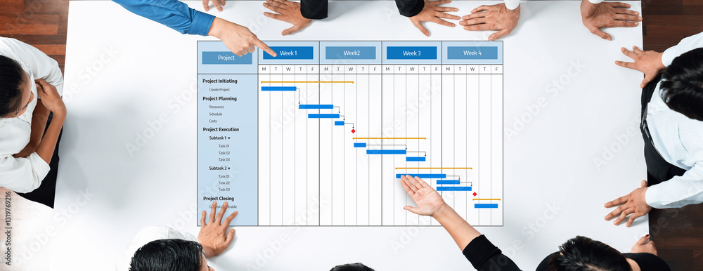 Leinwandbilder a diverse team engages in a project management meeting around a table, focusing on a gantt chart to 