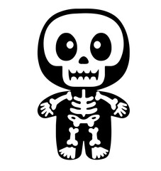 Cartoon skeleton with a round head, large eyes, and small triangular nose, designed in a friendly, humorous style for Halloween and quirky illustrations.

