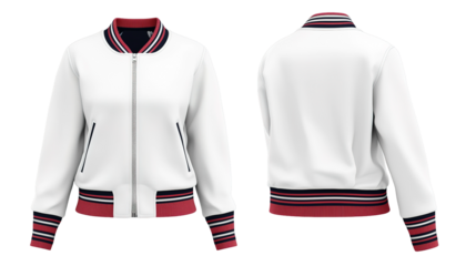 Stylish women's varsity jacket mockup on for fashion designers apparel isolated front and back view