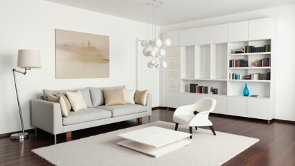 Fototapeta premium Modern minimalistic living room with soft tones and clean design