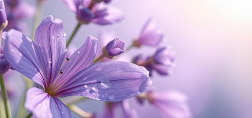 Fototapeta premium Purple Flower Macro Photography Dew Drops Petals Soft Focus Floral Background
