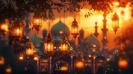 Breathtaking Eid celebration scene with hanging lanterns traditional Arabic calligraphy and golden mosque domes creating a warm festive ambiance