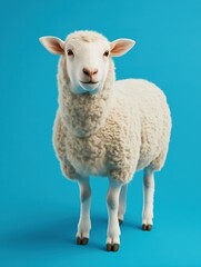 Fototapeta premium A Fluffy White Sheep Stands on a Vibrant Blue Background