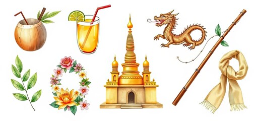 Exotic Asian Culture Temple Dragon Drinks Flowers and Bamboo