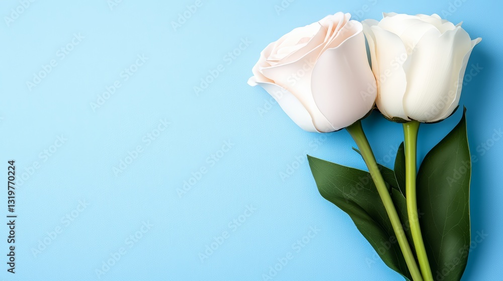 Poster two white roses are on a blue background. the roses are the main focus of the image, and they are ar