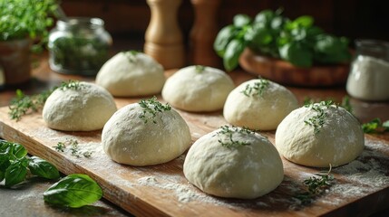 Fototapeta premium Kitchen counter six pizza dough balls, herbs, flour